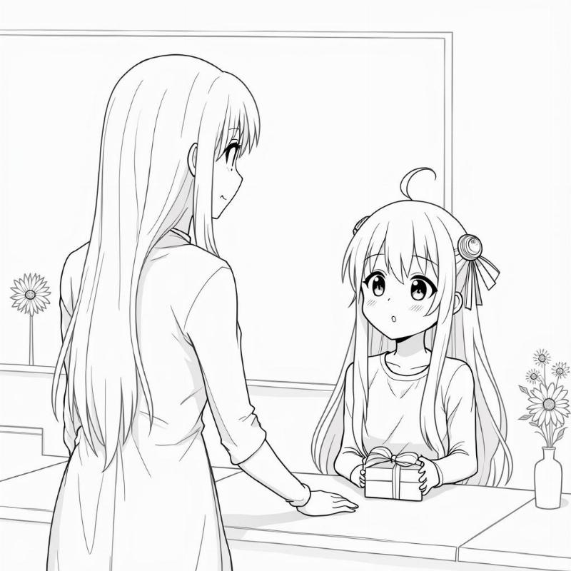 Hoàn thiện nét vẽ và chi tiết cho bức tranh 20/11 anime bao gồm hoa và quà